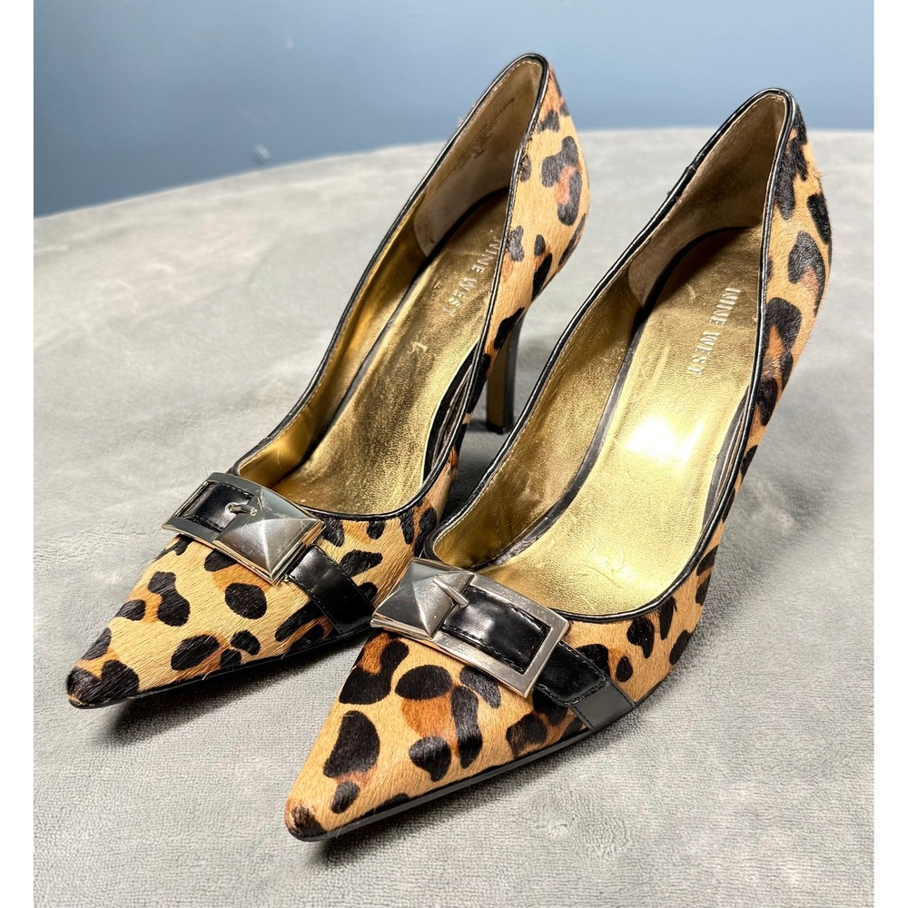 Nine West Heels Womens 10M Leopard Print Calf Hair Pointed Toe Pumps Buckle